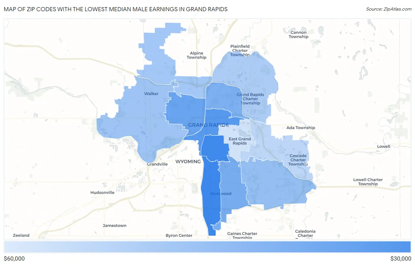 Zip Codes with the Lowest Median Male Earnings in Grand Rapids Map