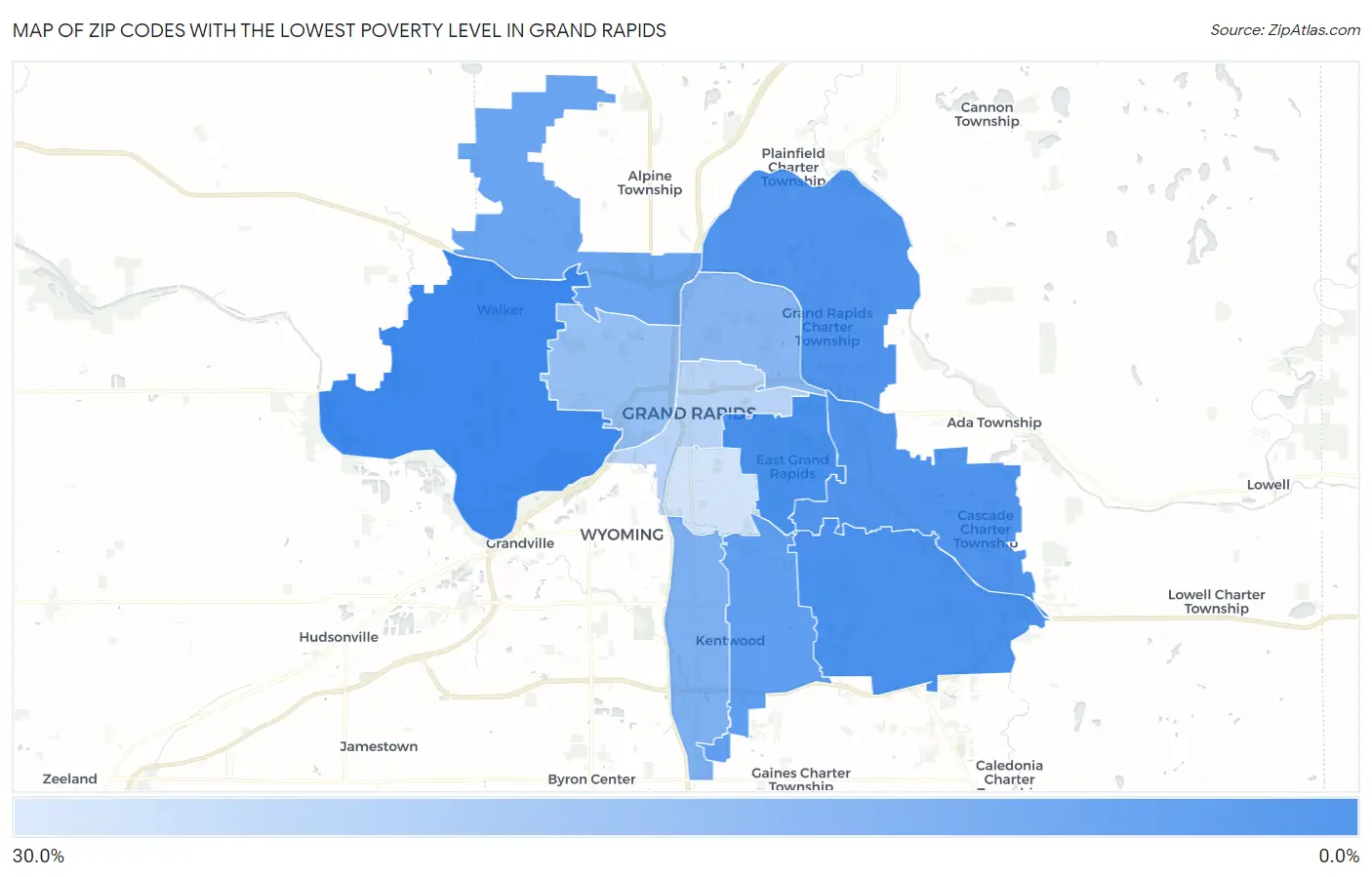 Zip Codes with the Lowest Poverty Level in Grand Rapids Map