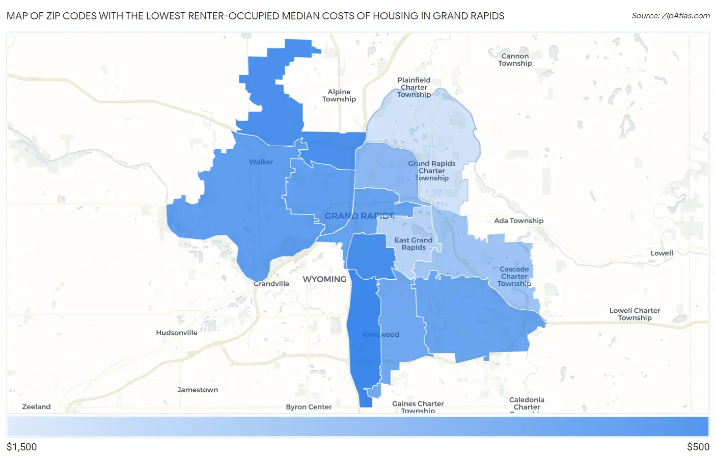 Zip Codes with the Lowest Renter-Occupied Median Costs of Housing in Grand Rapids Map