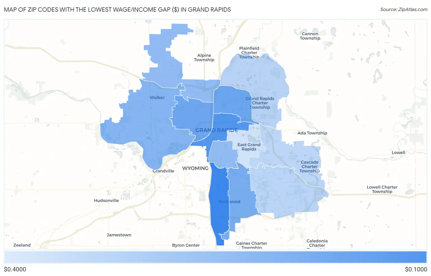 Zip Codes with the Lowest Wage/Income Gap ($) in Grand Rapids Map