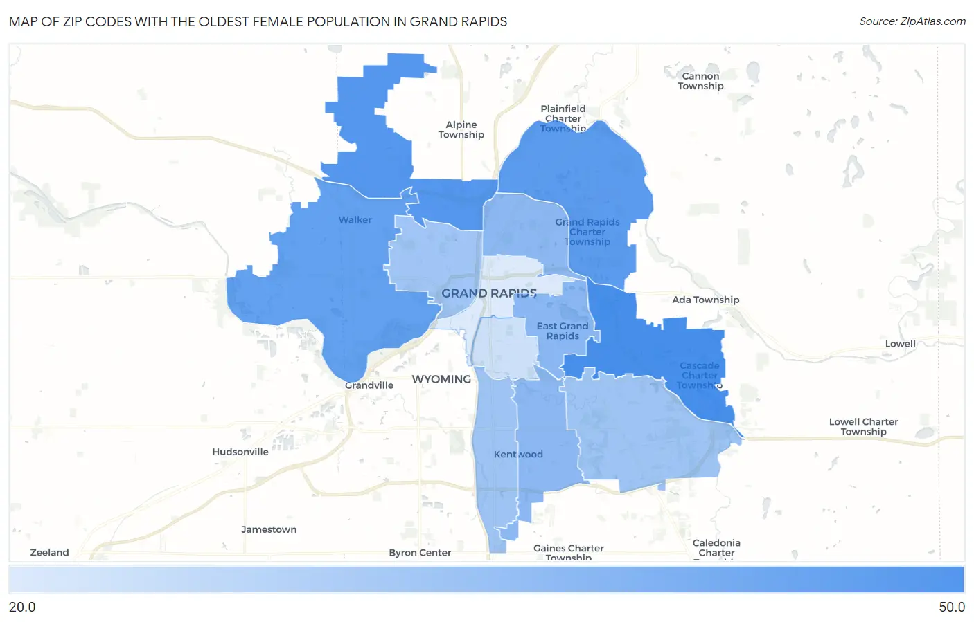 Zip Codes with the Oldest Female Population in Grand Rapids Map