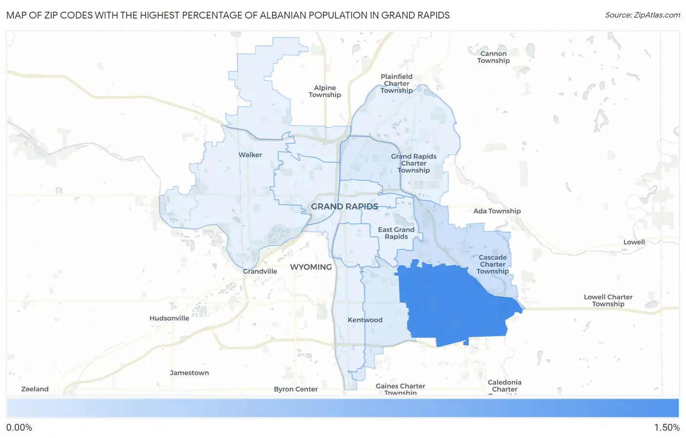 Zip Codes with the Highest Percentage of Albanian Population in Grand Rapids Map