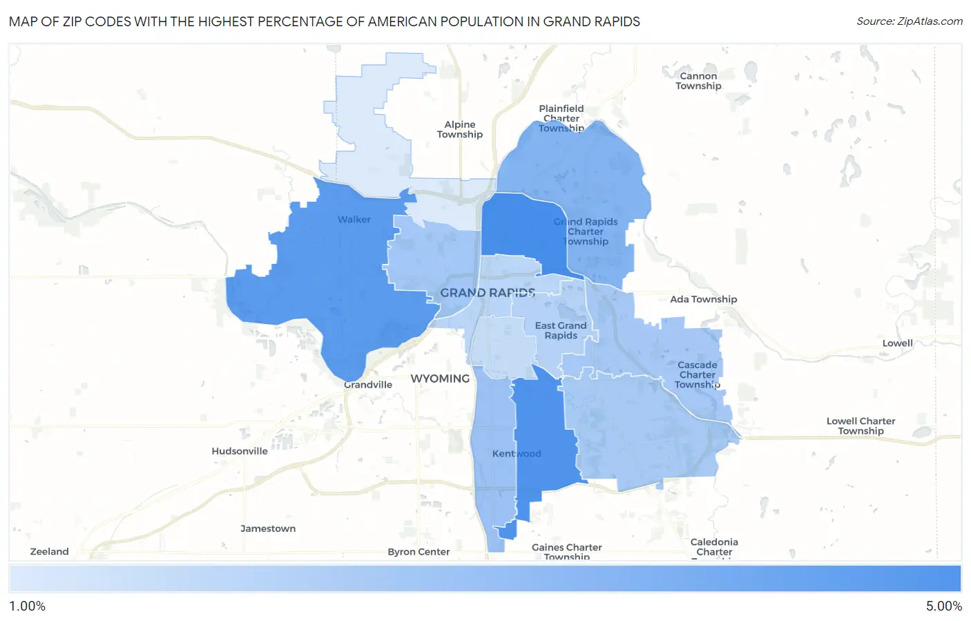 Zip Codes with the Highest Percentage of American Population in Grand Rapids Map