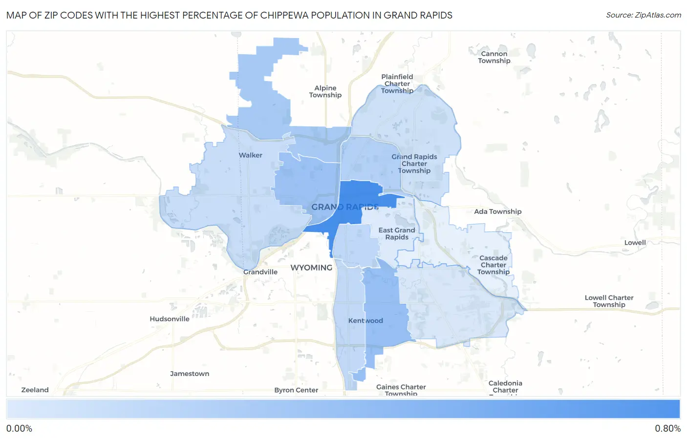 Zip Codes with the Highest Percentage of Chippewa Population in Grand Rapids Map