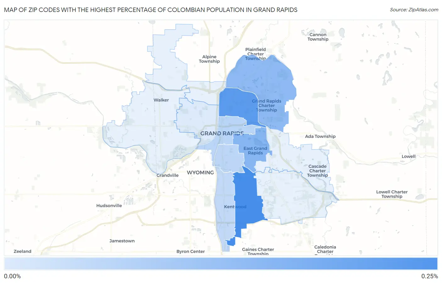 Zip Codes with the Highest Percentage of Colombian Population in Grand Rapids Map