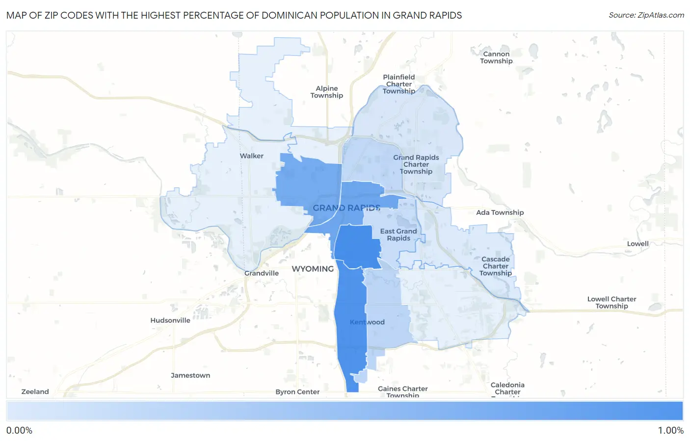 Zip Codes with the Highest Percentage of Dominican Population in Grand Rapids Map