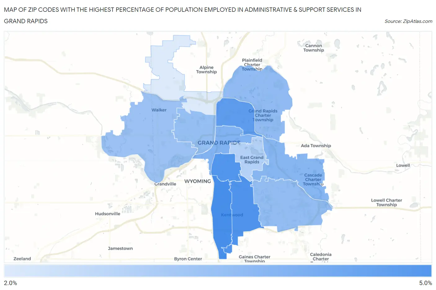 Zip Codes with the Highest Percentage of Population Employed in Administrative & Support Services in Grand Rapids Map