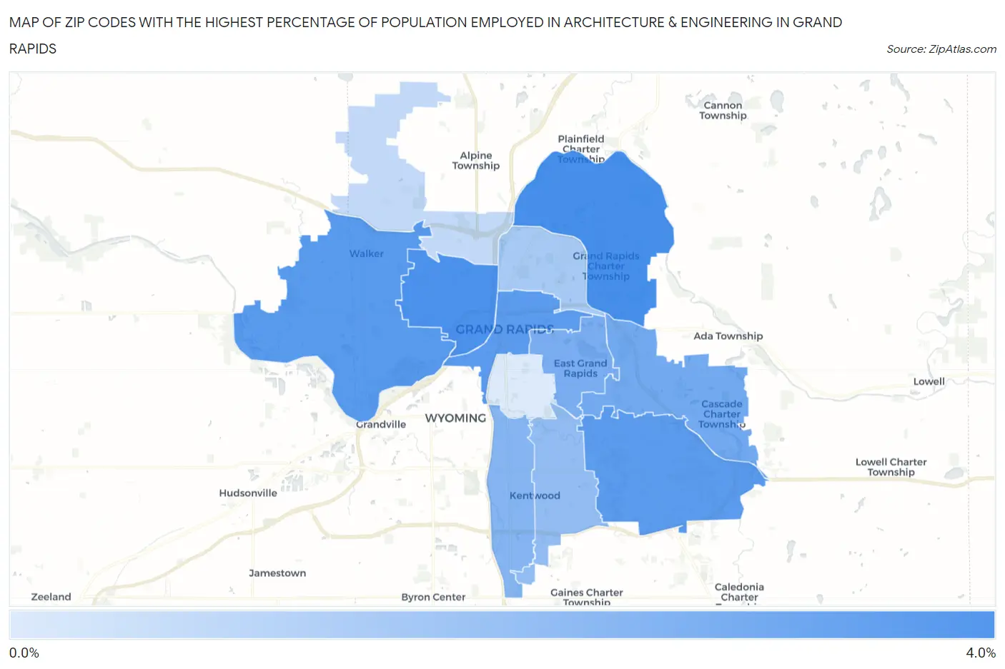 Zip Codes with the Highest Percentage of Population Employed in Architecture & Engineering in Grand Rapids Map
