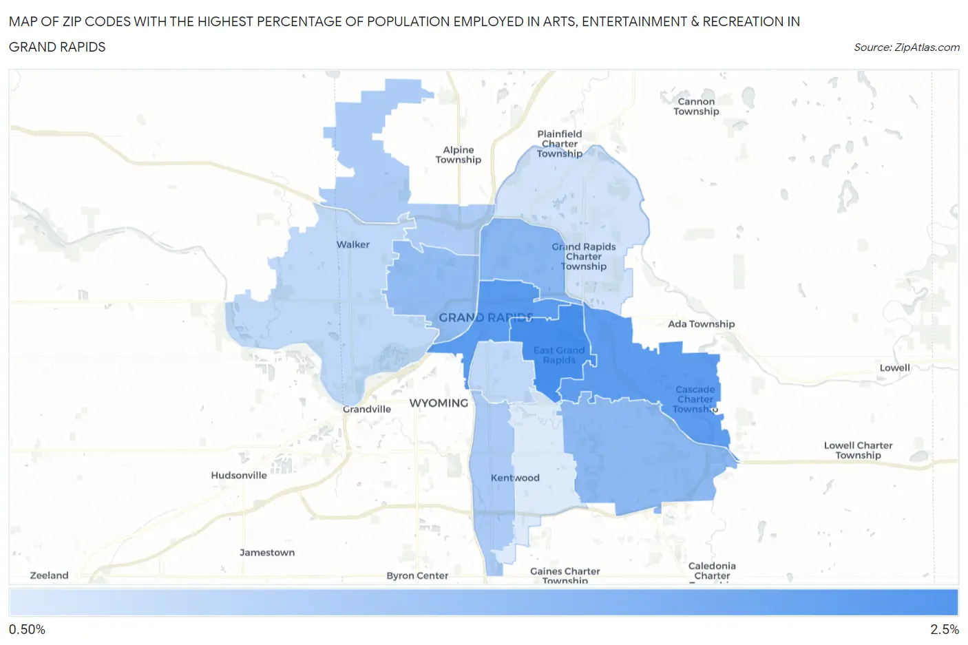 Zip Codes with the Highest Percentage of Population Employed in Arts, Entertainment & Recreation in Grand Rapids Map