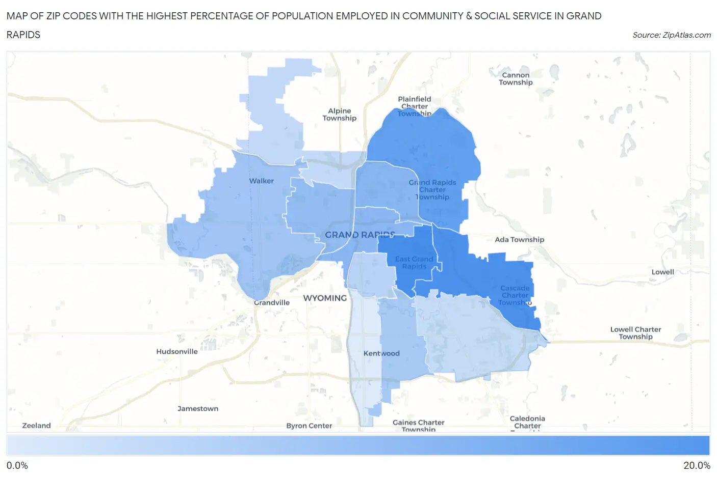 Zip Codes with the Highest Percentage of Population Employed in Community & Social Service  in Grand Rapids Map