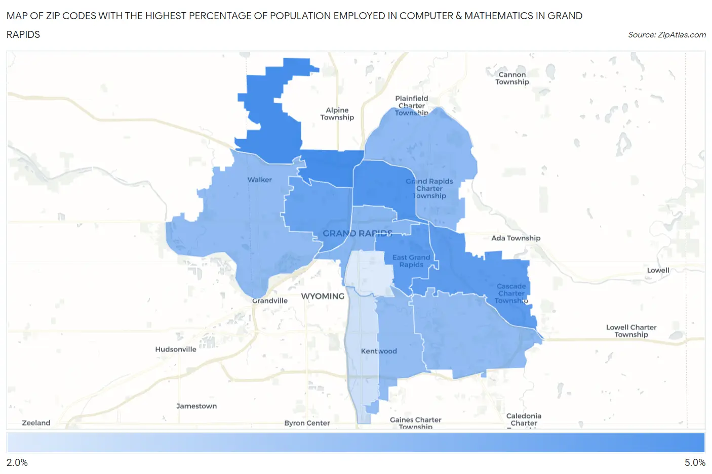 Zip Codes with the Highest Percentage of Population Employed in Computer & Mathematics in Grand Rapids Map