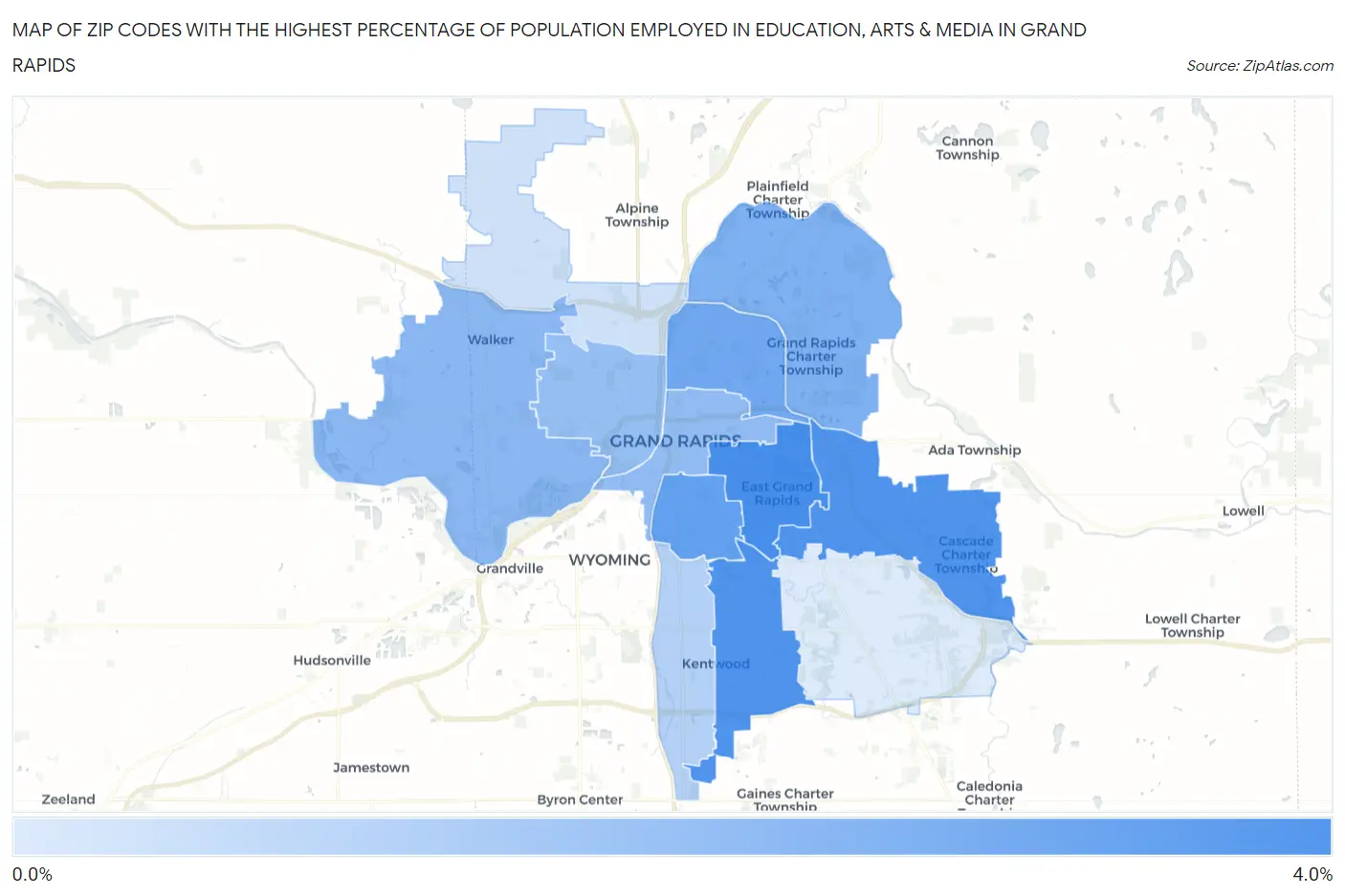 Zip Codes with the Highest Percentage of Population Employed in Education, Arts & Media in Grand Rapids Map