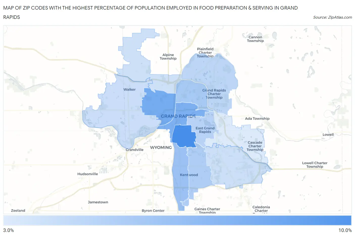 Zip Codes with the Highest Percentage of Population Employed in Food Preparation & Serving in Grand Rapids Map