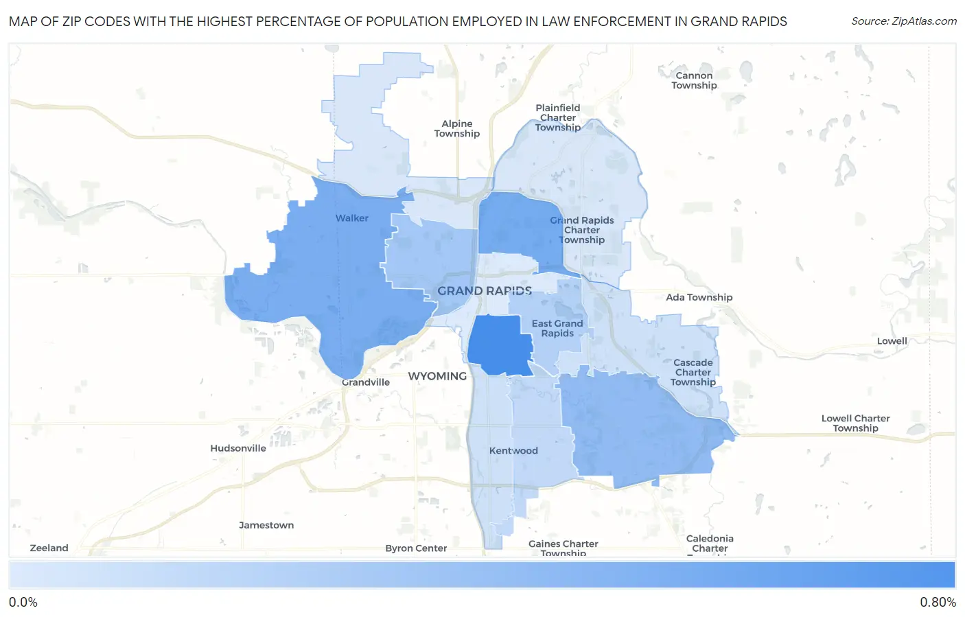 Zip Codes with the Highest Percentage of Population Employed in Law Enforcement in Grand Rapids Map