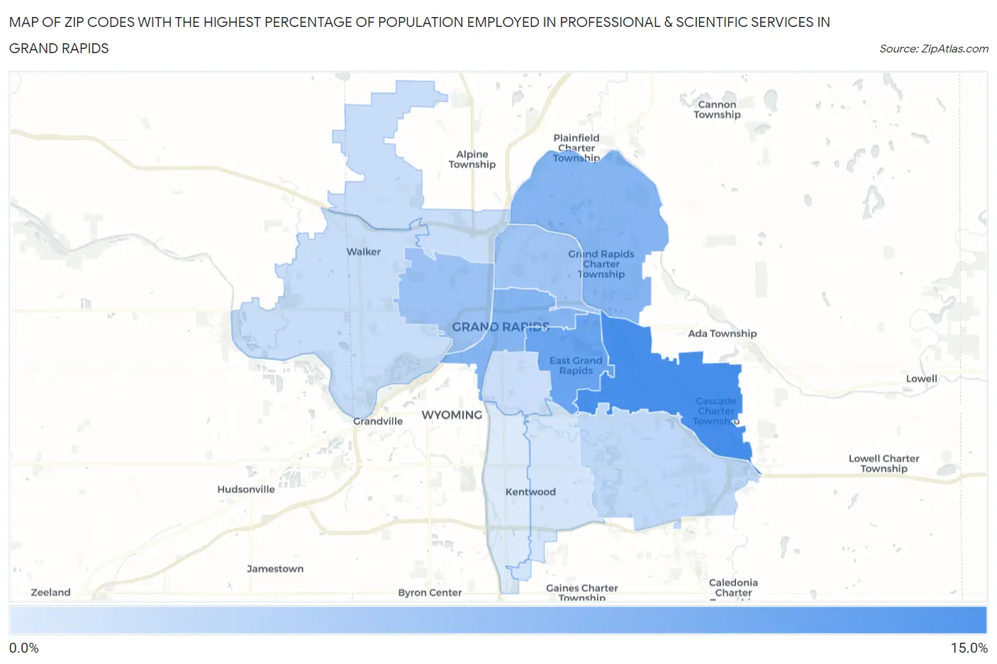 Zip Codes with the Highest Percentage of Population Employed in Professional & Scientific Services in Grand Rapids Map
