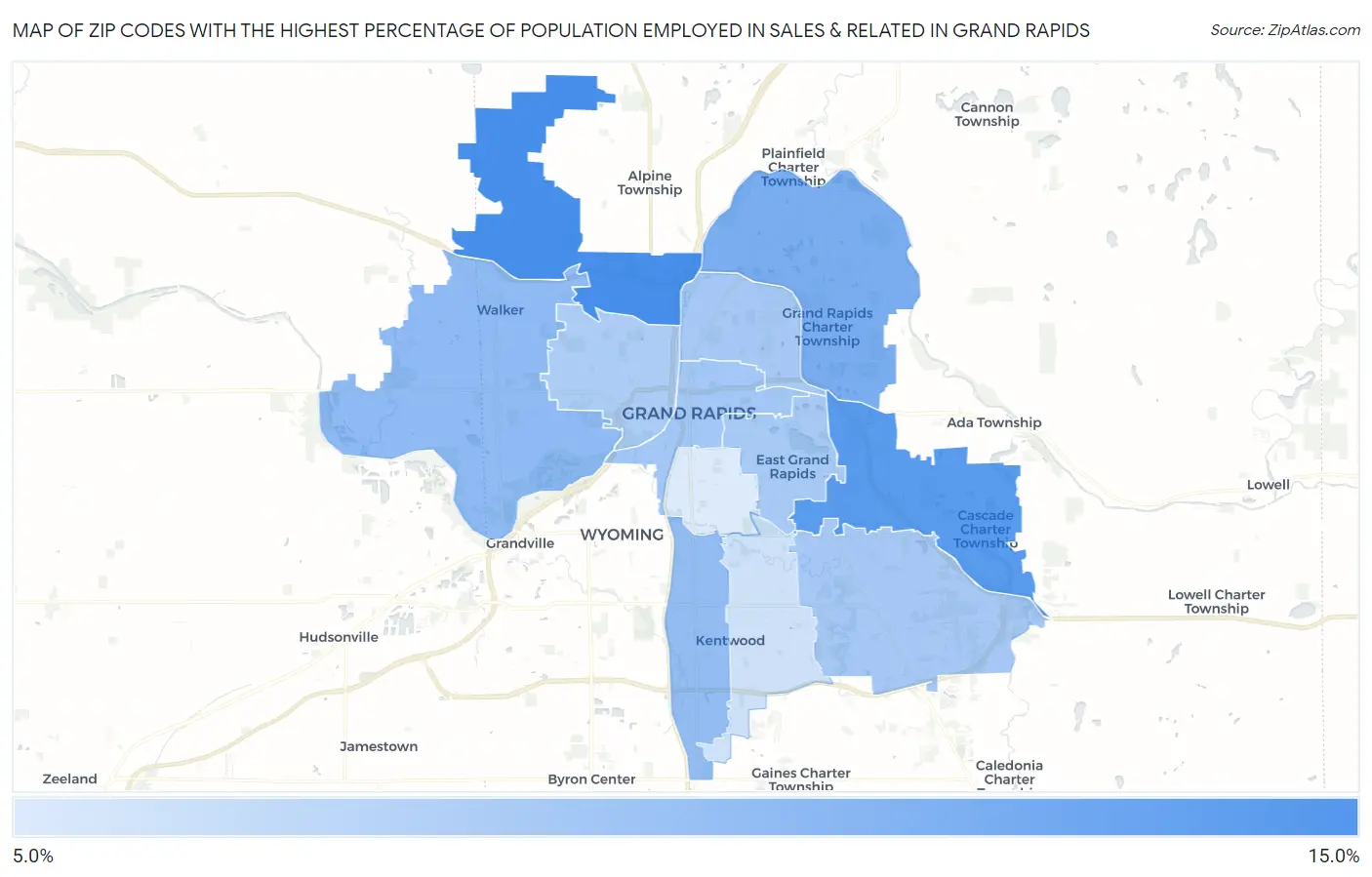 Zip Codes with the Highest Percentage of Population Employed in Sales & Related in Grand Rapids Map