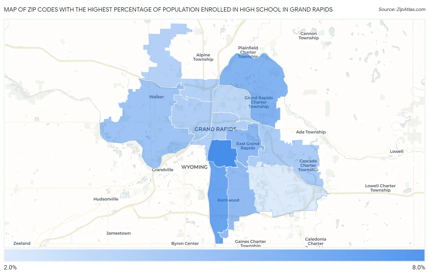 Zip Codes with the Highest Percentage of Population Enrolled in High School in Grand Rapids Map
