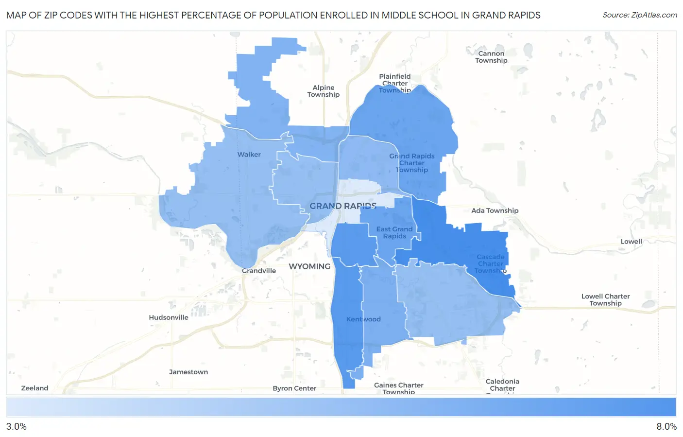 Zip Codes with the Highest Percentage of Population Enrolled in Middle School in Grand Rapids Map