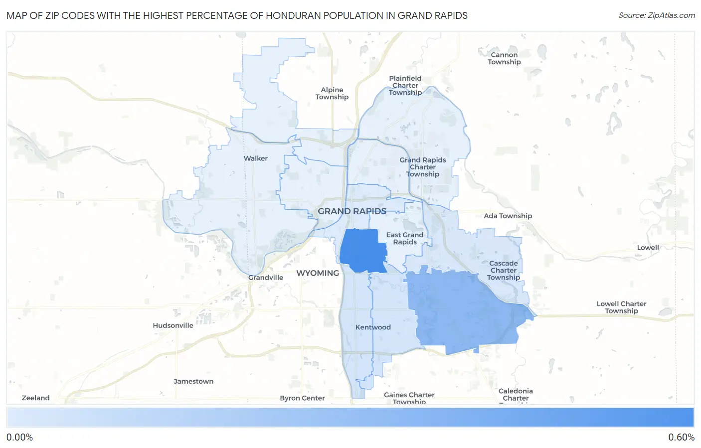 Zip Codes with the Highest Percentage of Honduran Population in Grand Rapids Map