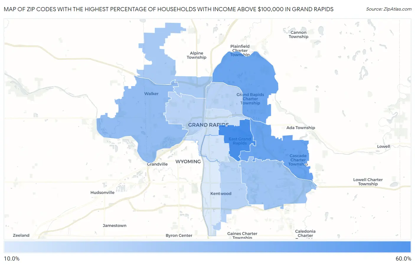 Zip Codes with the Highest Percentage of Households with Income Above $100,000 in Grand Rapids Map