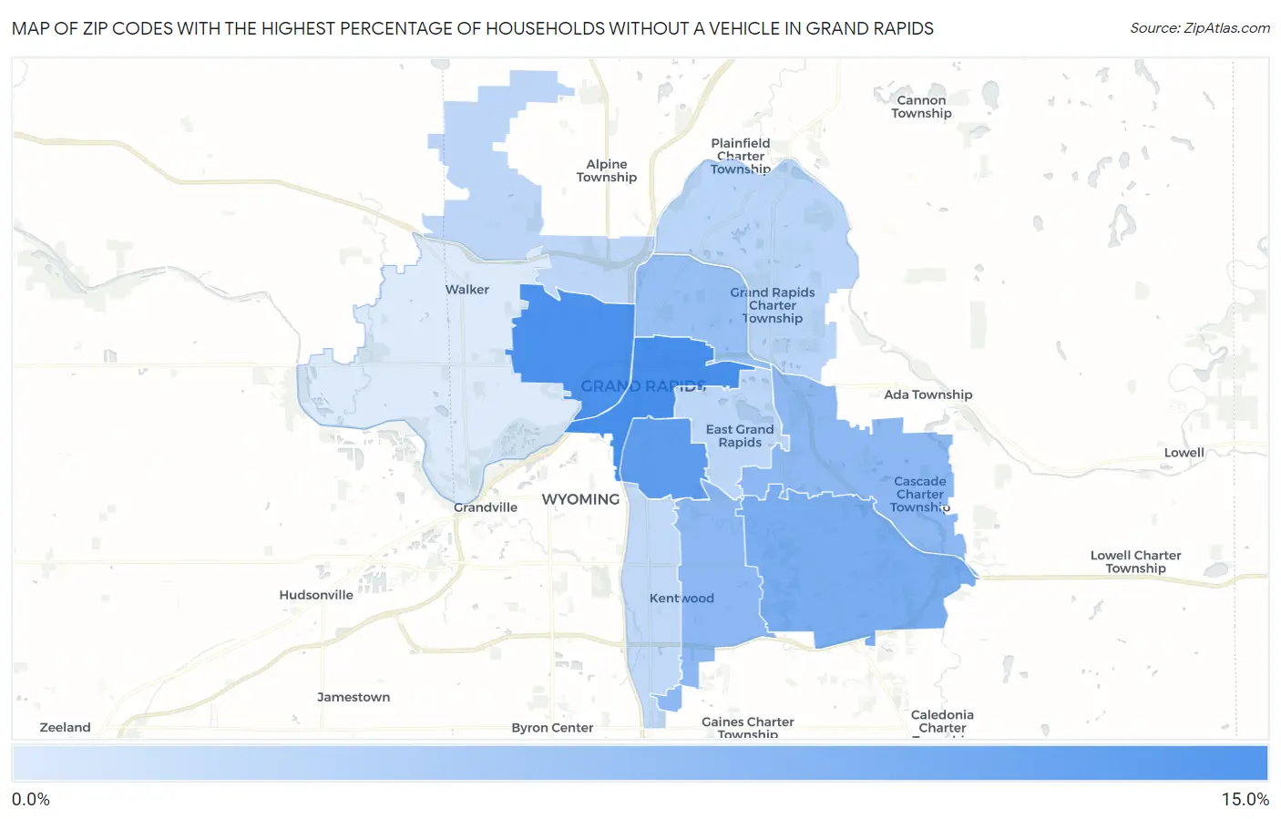 Zip Codes with the Highest Percentage of Households Without a Vehicle in Grand Rapids Map
