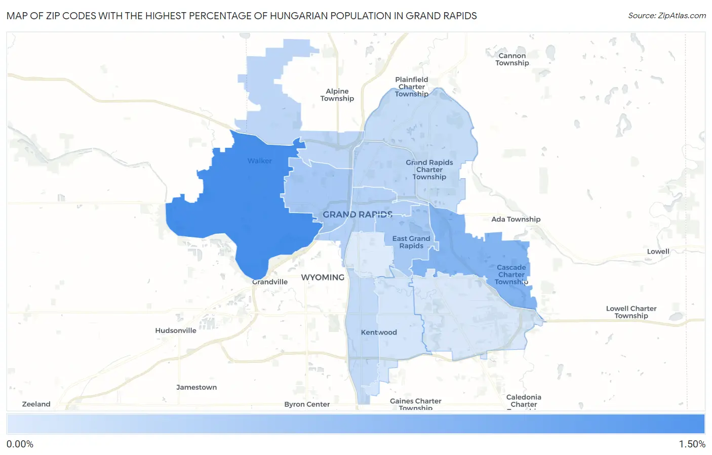 Zip Codes with the Highest Percentage of Hungarian Population in Grand Rapids Map
