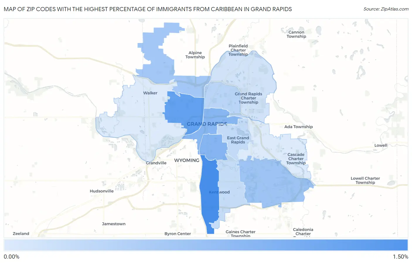 Zip Codes with the Highest Percentage of Immigrants from Caribbean in Grand Rapids Map
