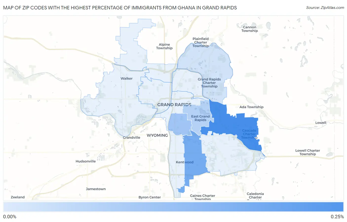 Zip Codes with the Highest Percentage of Immigrants from Ghana in Grand Rapids Map