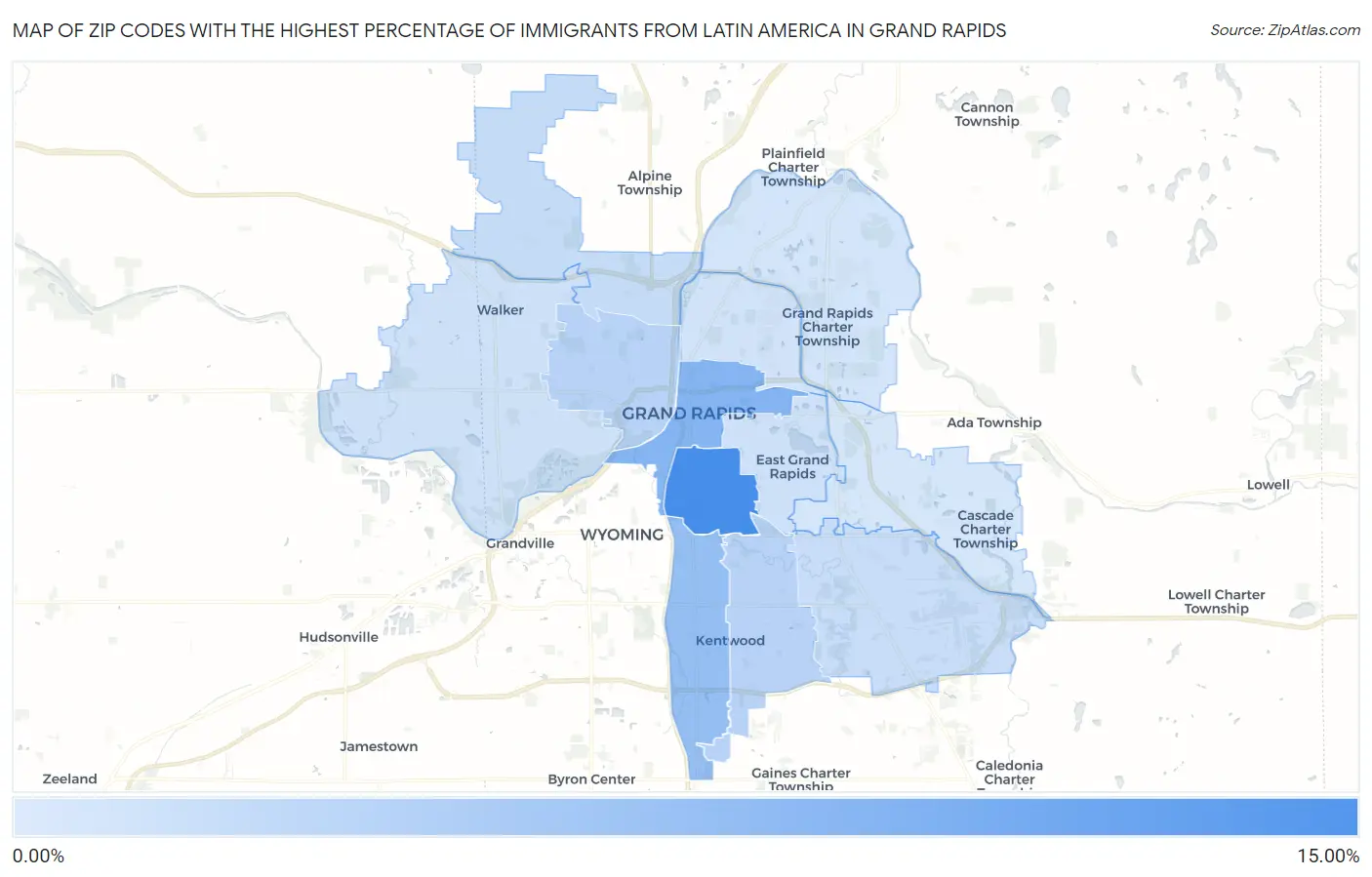 Zip Codes with the Highest Percentage of Immigrants from Latin America in Grand Rapids Map