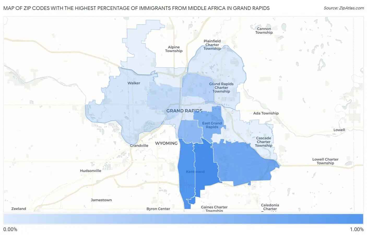 Zip Codes with the Highest Percentage of Immigrants from Middle Africa in Grand Rapids Map
