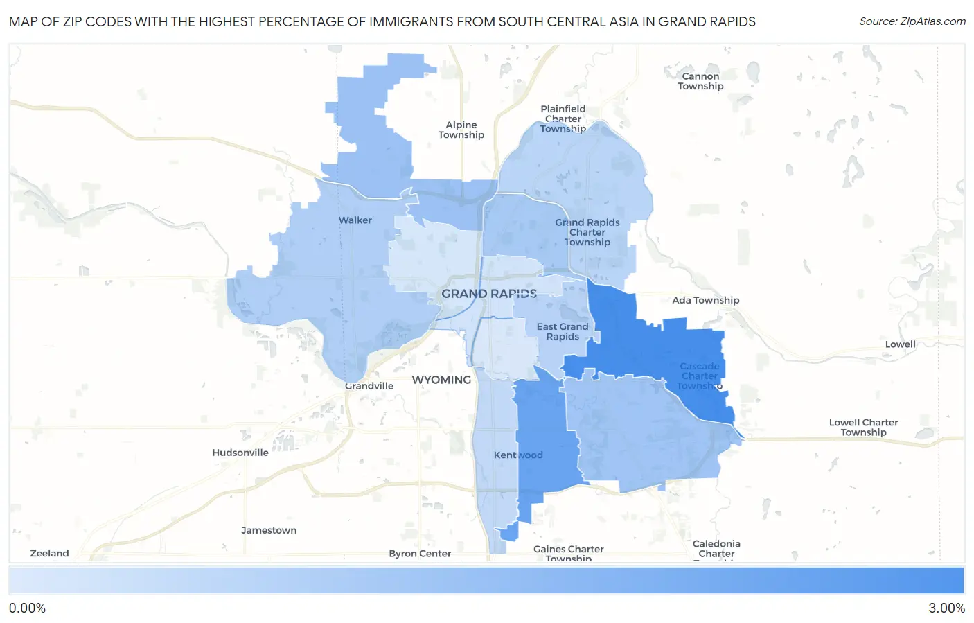 Zip Codes with the Highest Percentage of Immigrants from South Central Asia in Grand Rapids Map