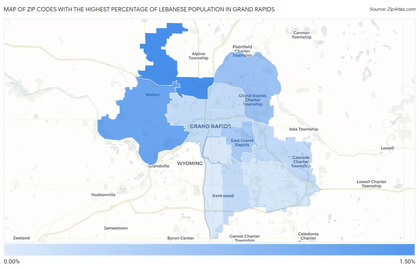Zip Codes with the Highest Percentage of Lebanese Population in Grand Rapids Map