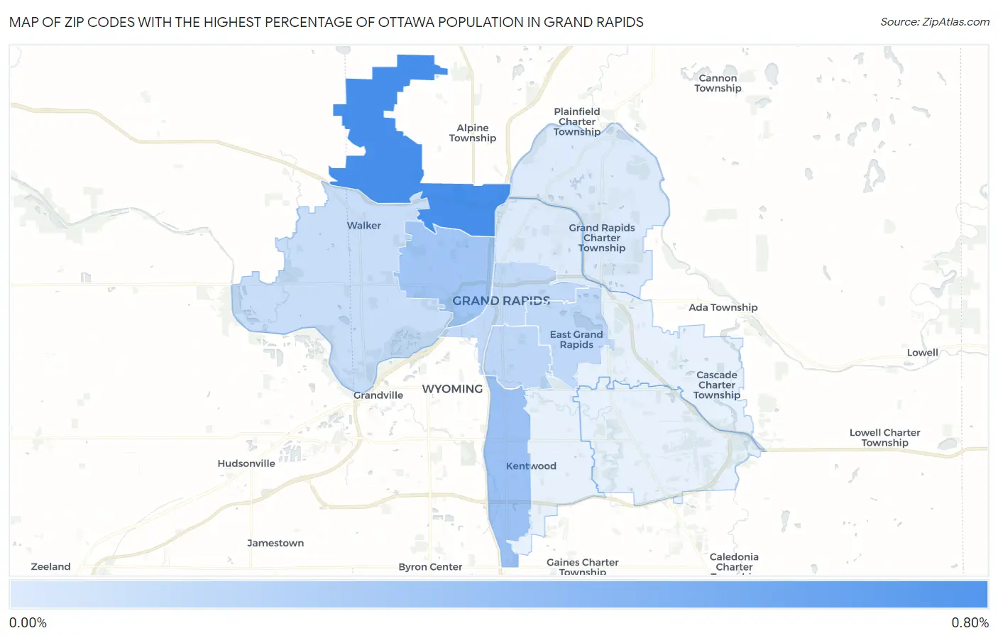 Zip Codes with the Highest Percentage of Ottawa Population in Grand Rapids Map