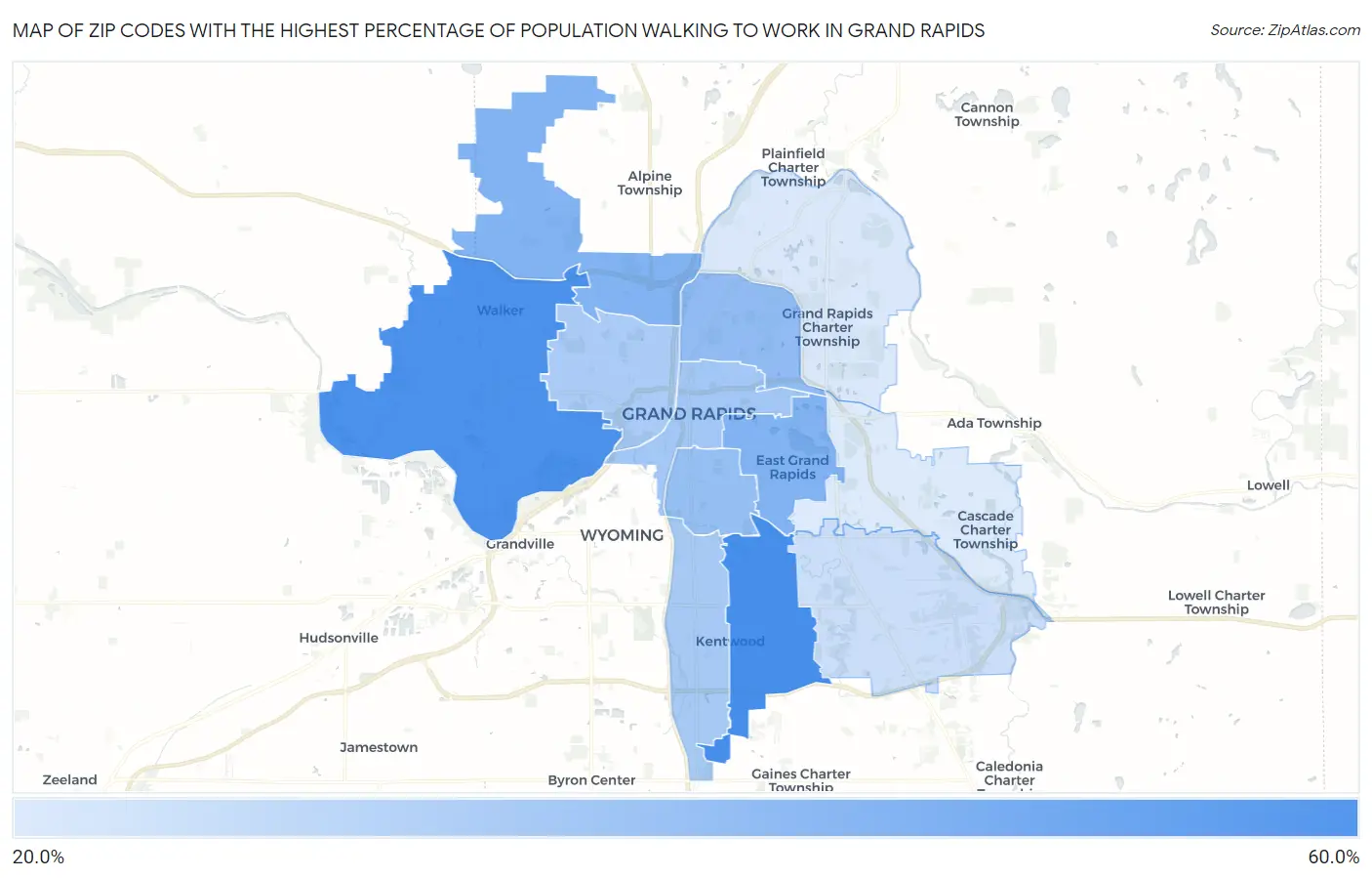 Zip Codes with the Highest Percentage of Population Walking to Work in Grand Rapids Map