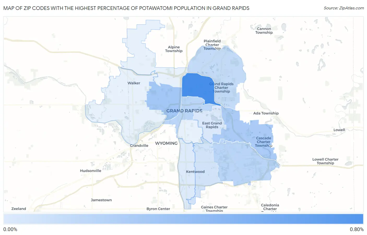 Zip Codes with the Highest Percentage of Potawatomi Population in Grand Rapids Map