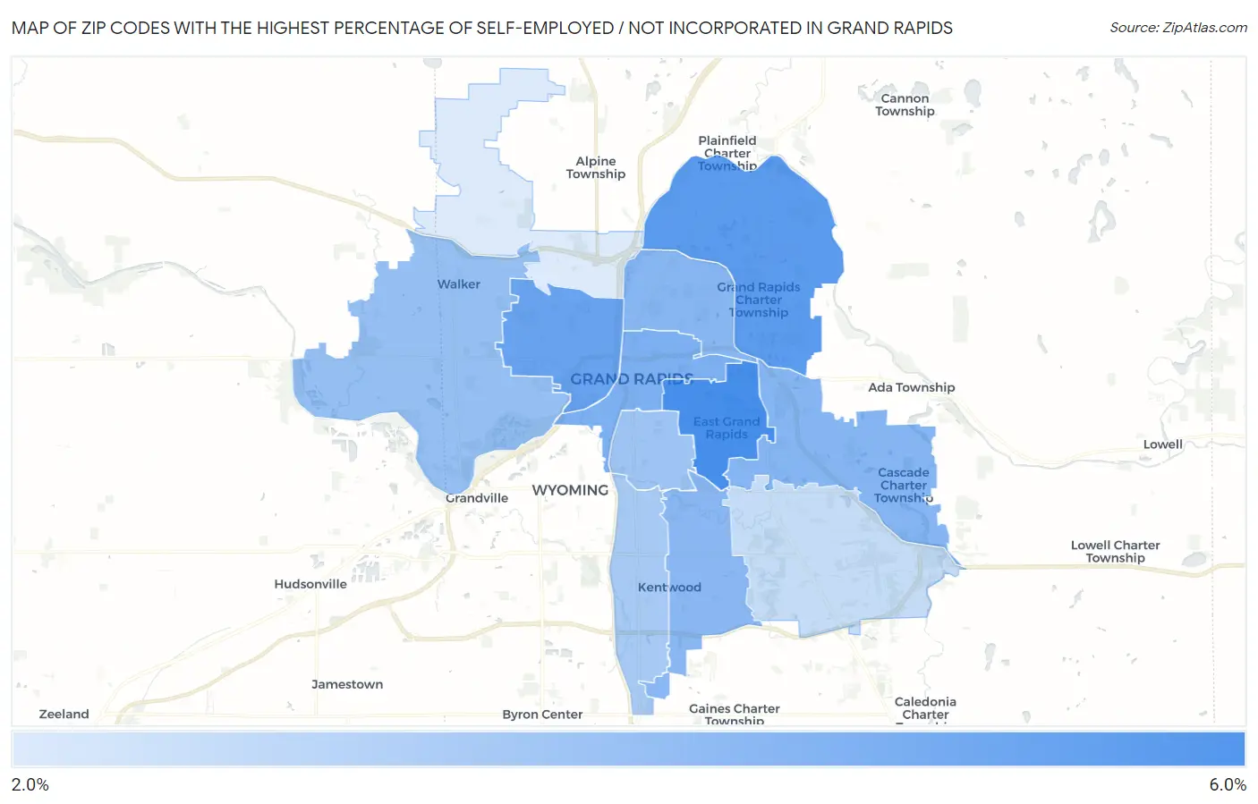 Zip Codes with the Highest Percentage of Self-Employed / Not Incorporated in Grand Rapids Map