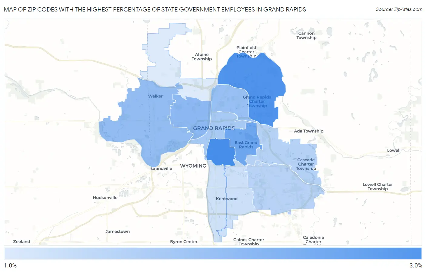 Zip Codes with the Highest Percentage of State Government Employees in Grand Rapids Map
