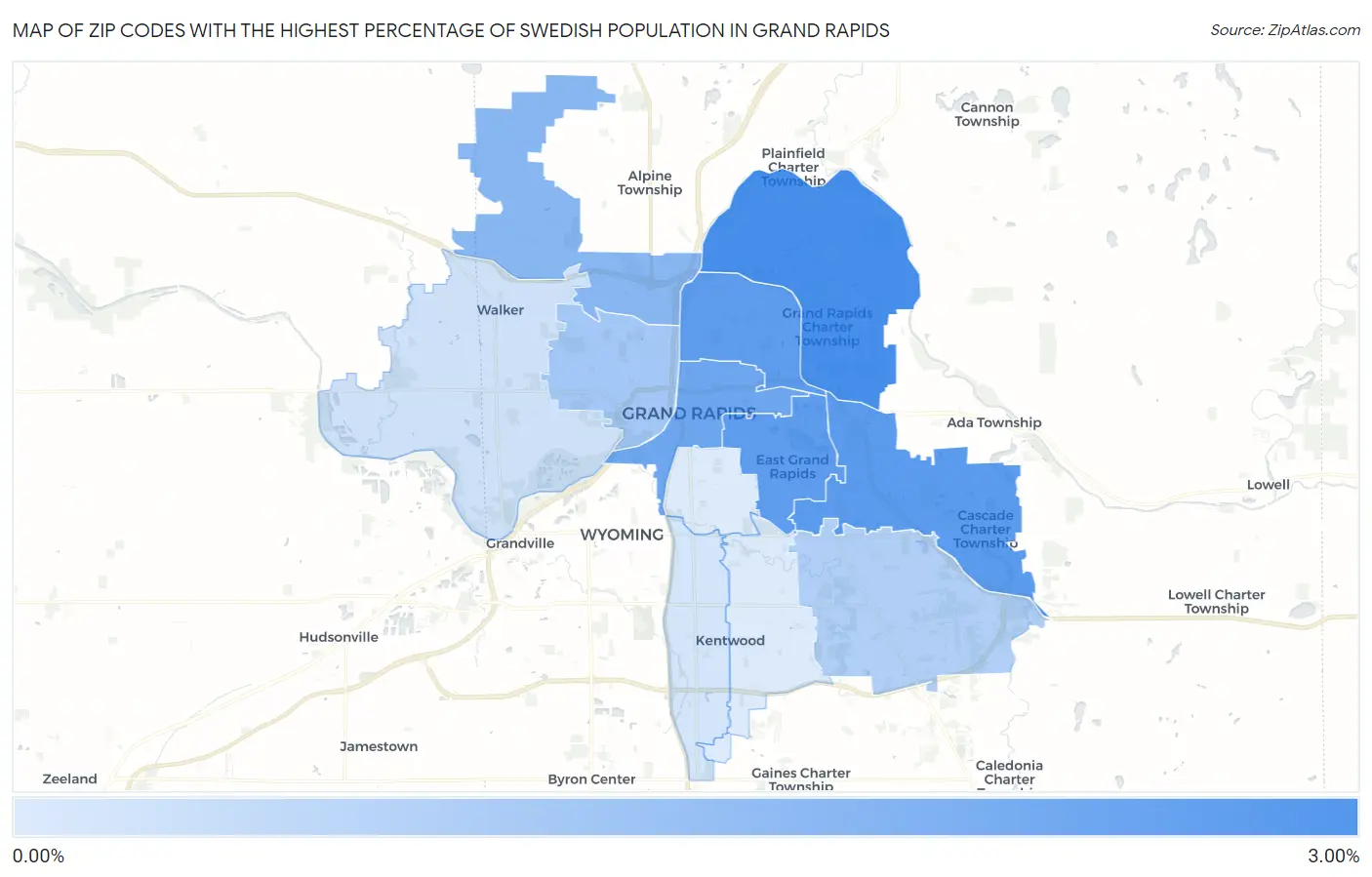 Zip Codes with the Highest Percentage of Swedish Population in Grand Rapids Map