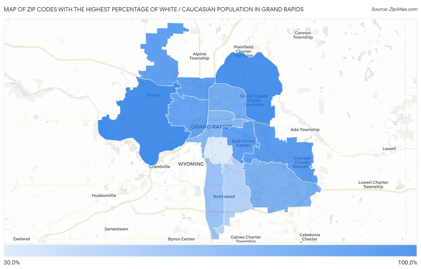 Zip Codes with the Highest Percentage of White / Caucasian Population in Grand Rapids Map