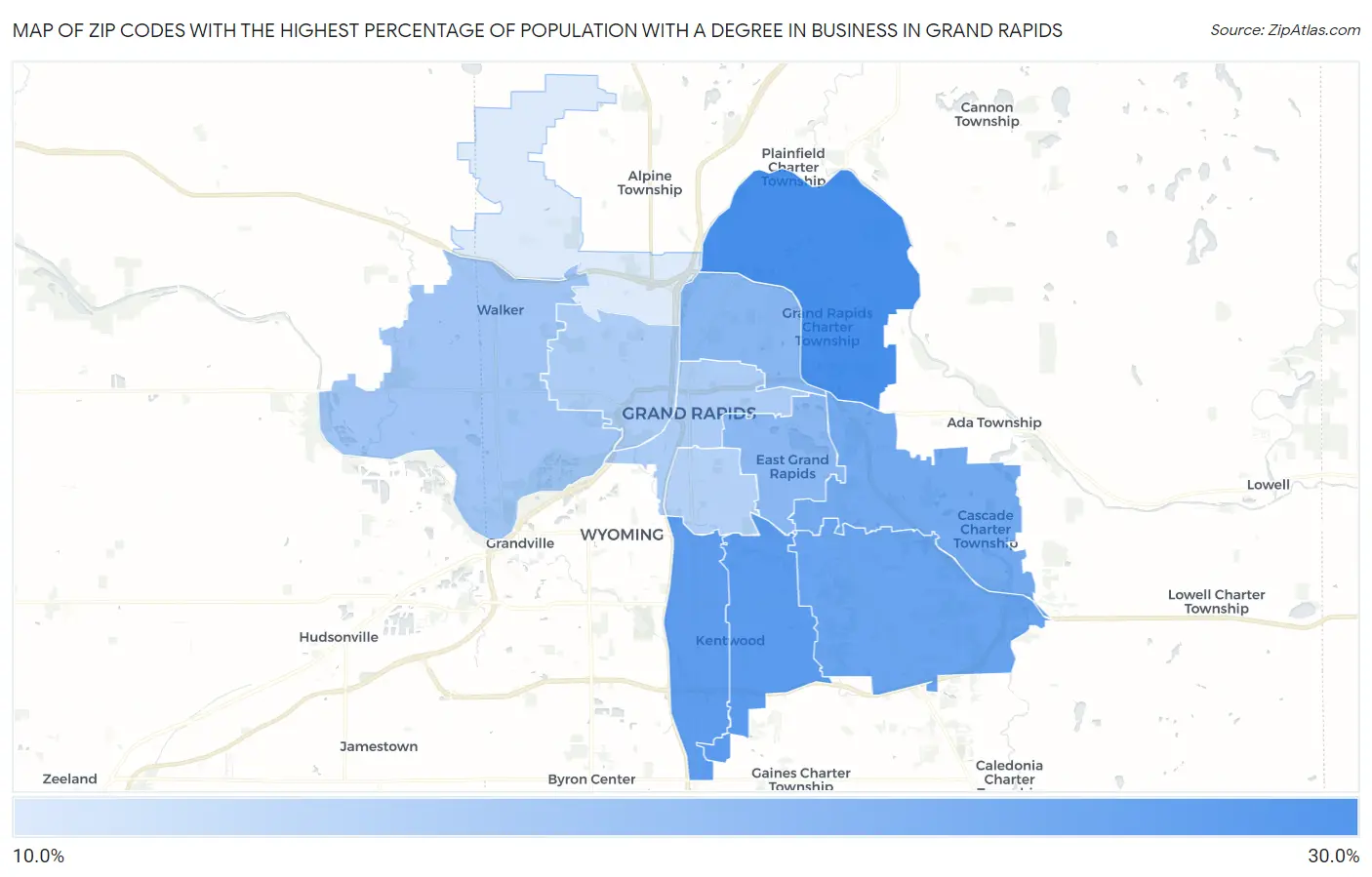 Zip Codes with the Highest Percentage of Population with a Degree in Business in Grand Rapids Map