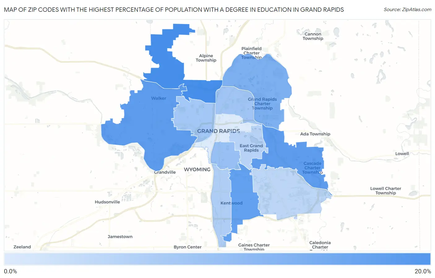 Zip Codes with the Highest Percentage of Population with a Degree in Education in Grand Rapids Map