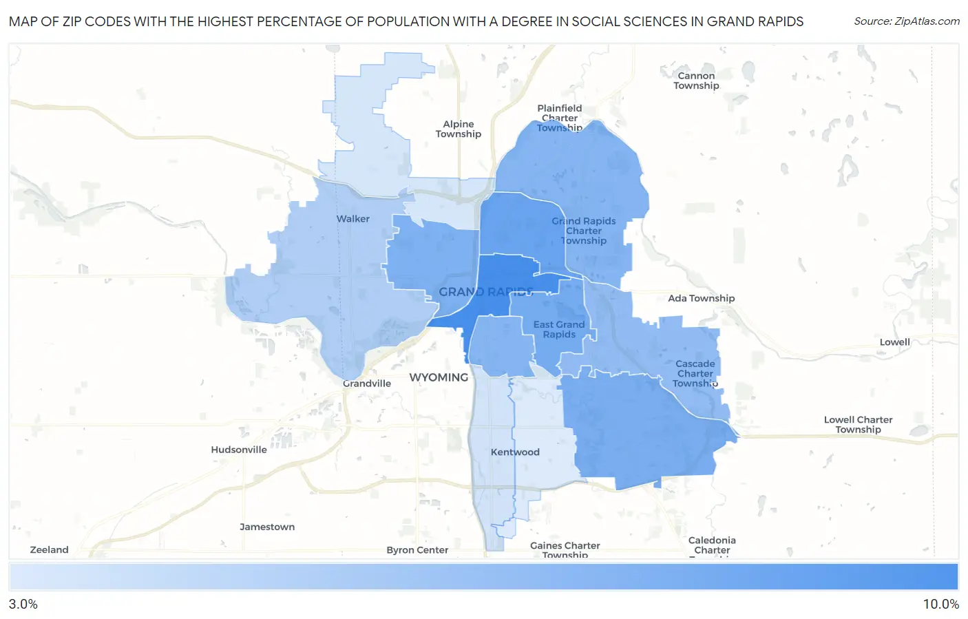 Zip Codes with the Highest Percentage of Population with a Degree in Social Sciences in Grand Rapids Map