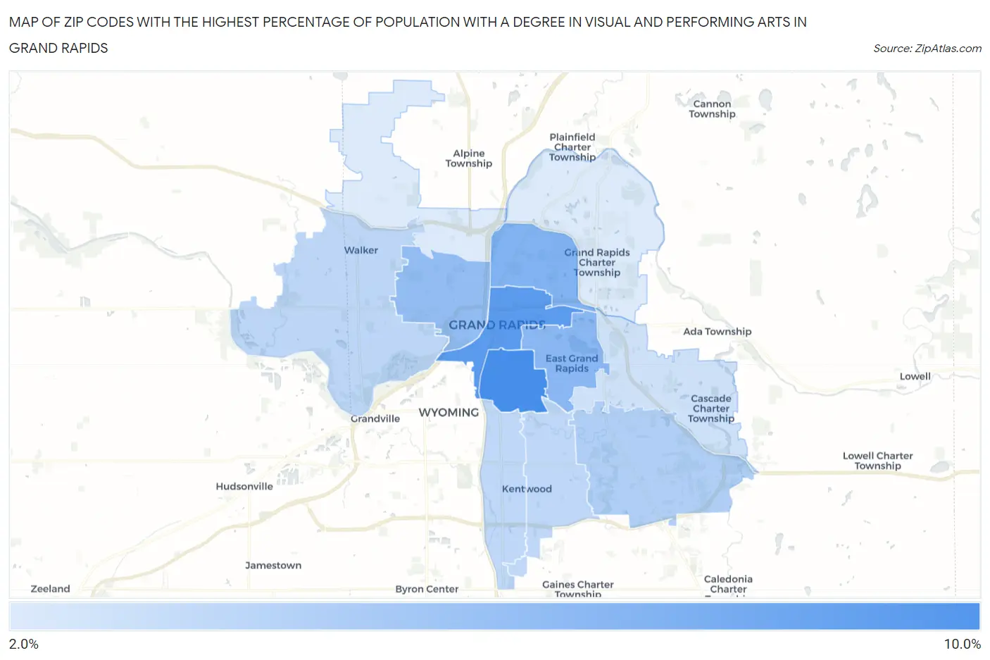 Zip Codes with the Highest Percentage of Population with a Degree in Visual and Performing Arts in Grand Rapids Map