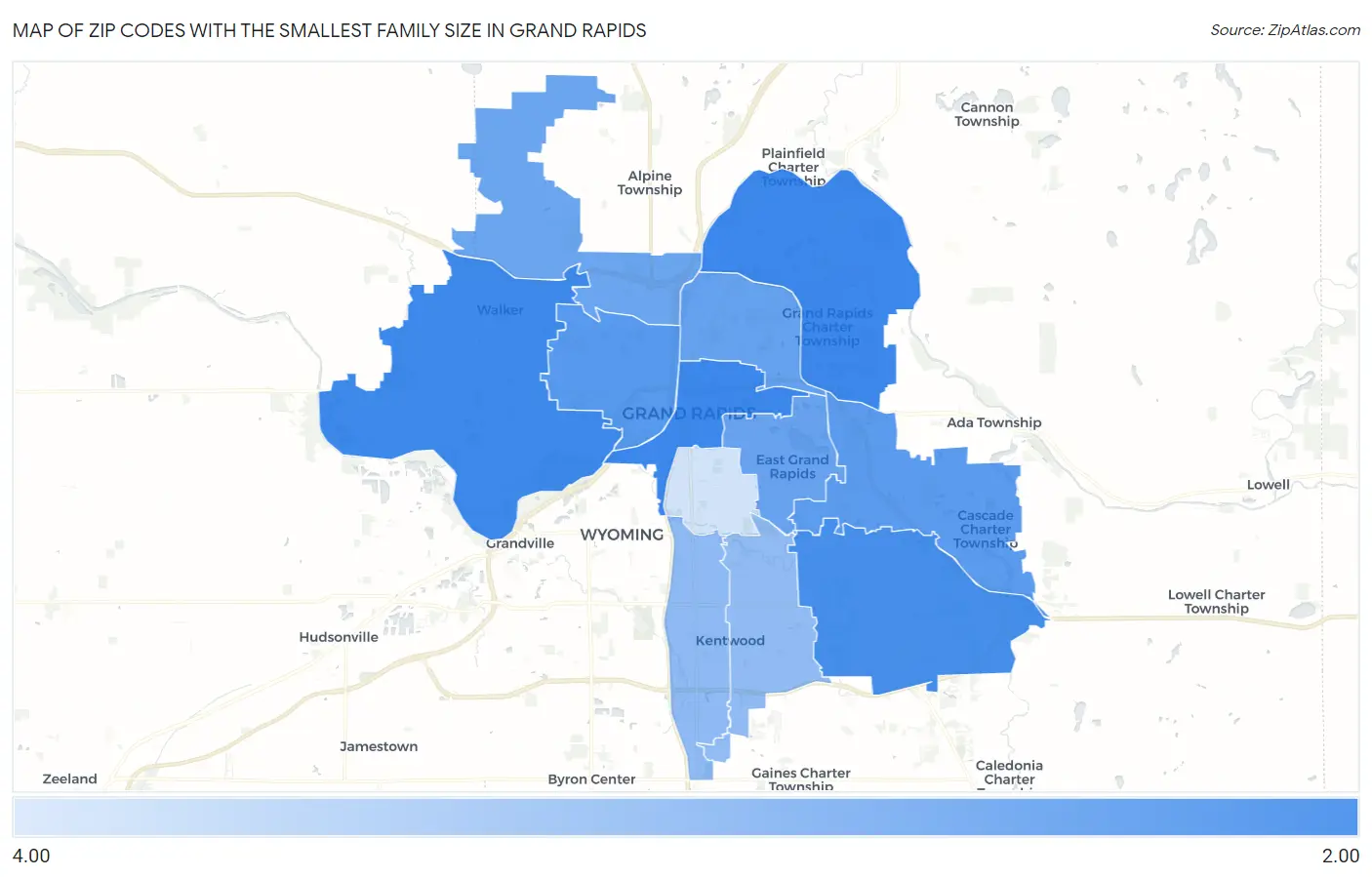 Zip Codes with the Smallest Family Size in Grand Rapids Map