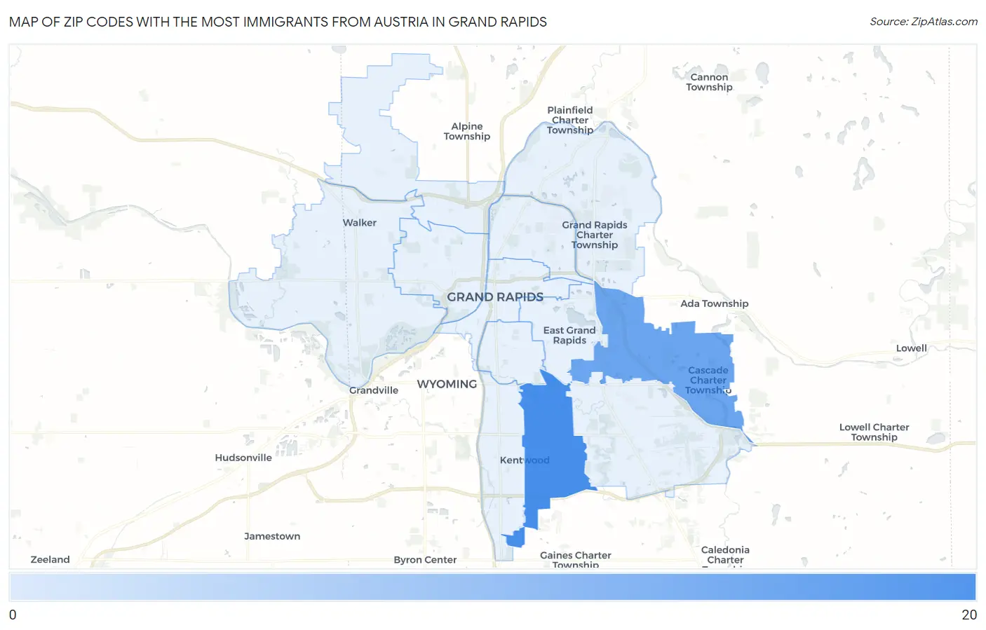 Zip Codes with the Most Immigrants from Austria in Grand Rapids Map
