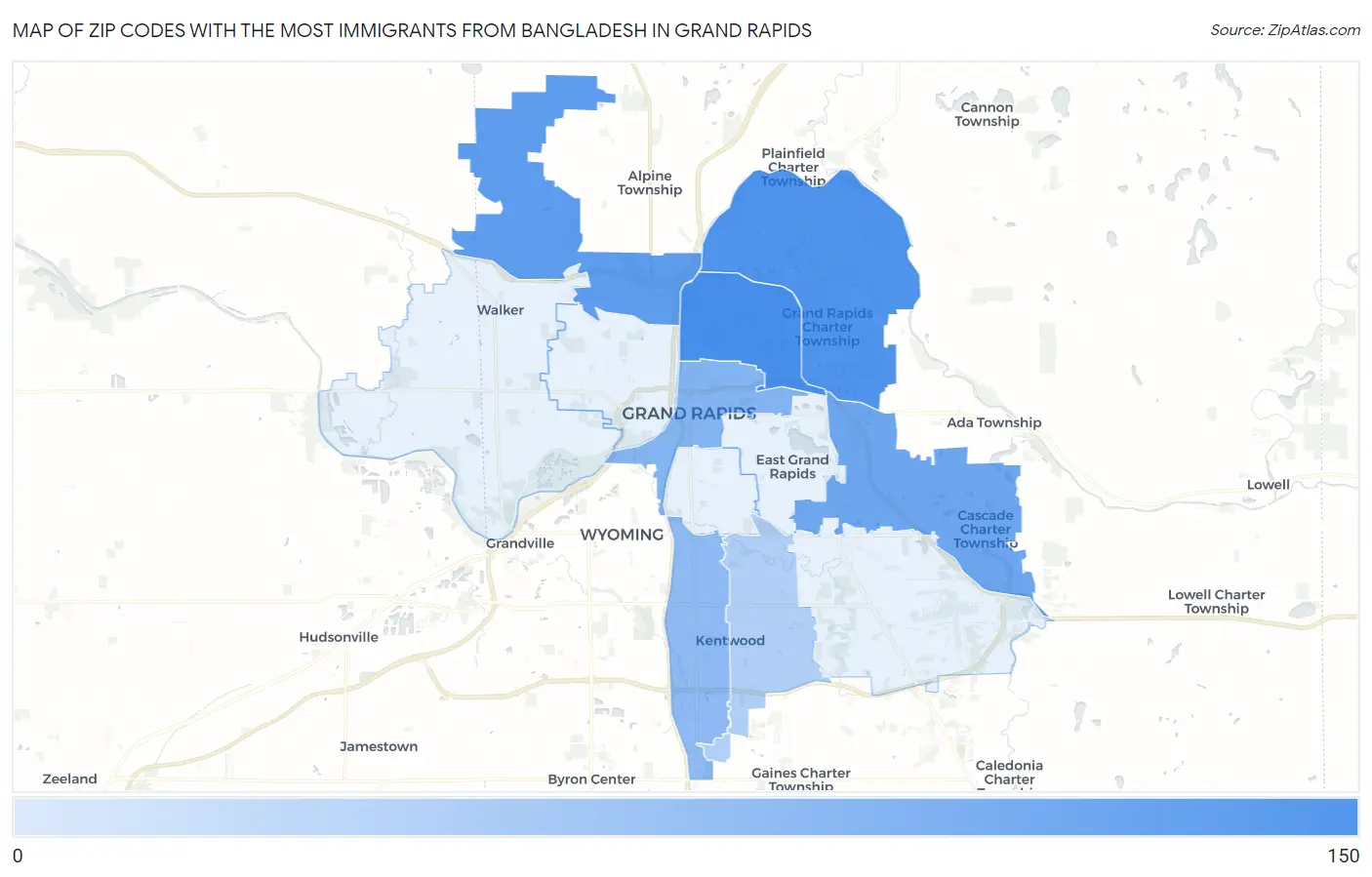 Zip Codes with the Most Immigrants from Bangladesh in Grand Rapids Map