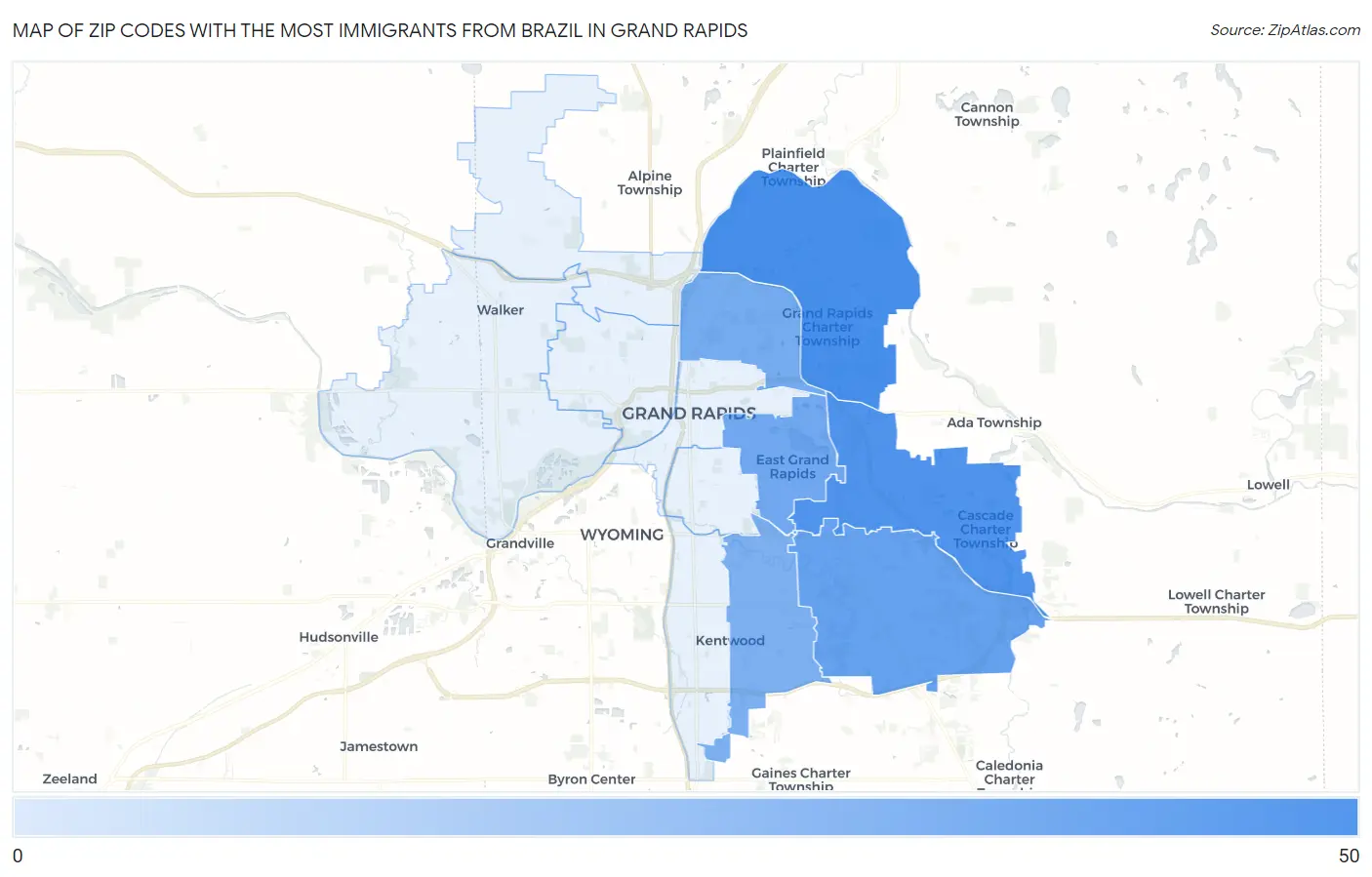 Zip Codes with the Most Immigrants from Brazil in Grand Rapids Map