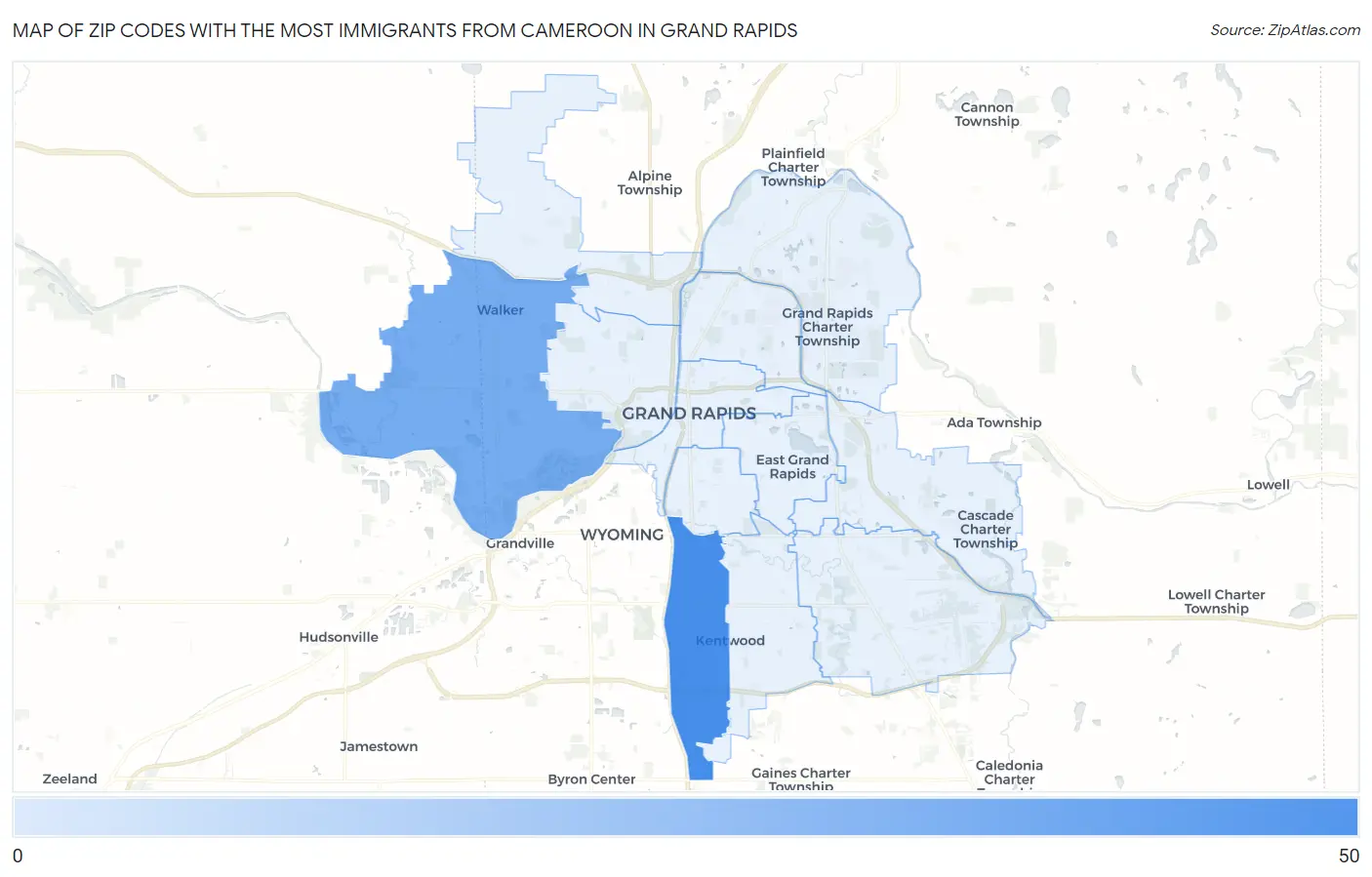 Zip Codes with the Most Immigrants from Cameroon in Grand Rapids Map