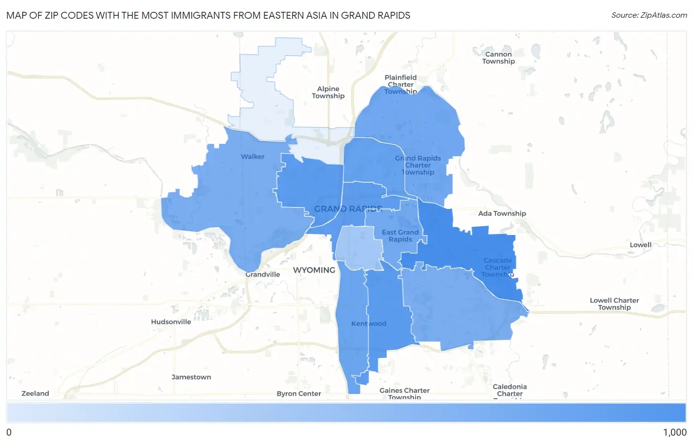 Zip Codes with the Most Immigrants from Eastern Asia in Grand Rapids Map