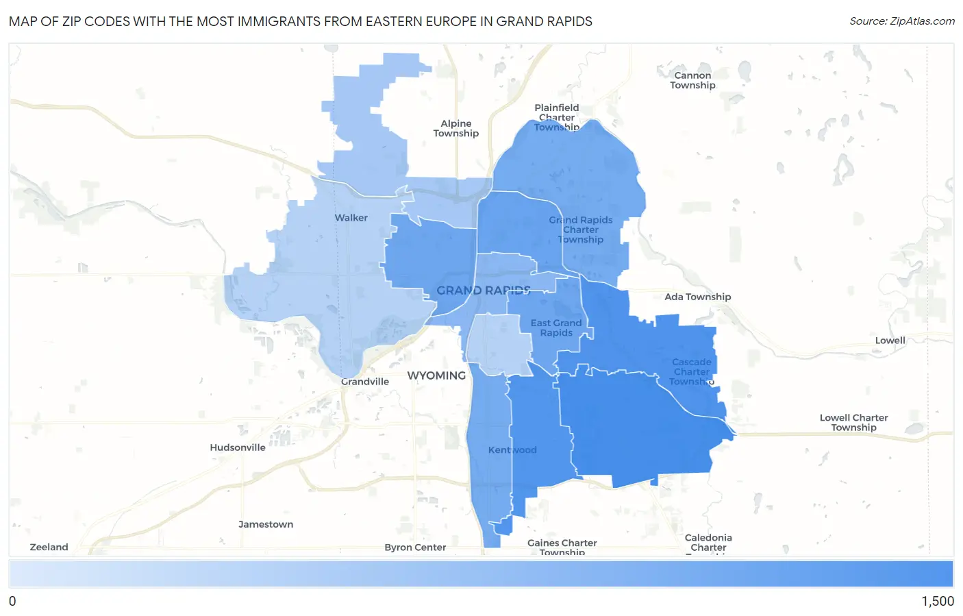 Zip Codes with the Most Immigrants from Eastern Europe in Grand Rapids Map